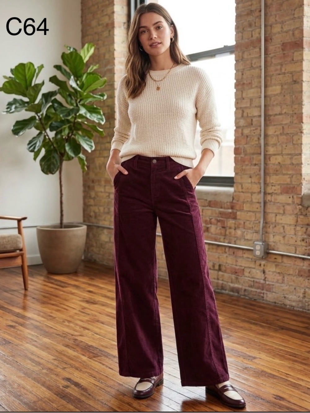 Celebrity Pink High-Rise Wide-Leg Corduroy Pants in Burgundy,Size 1/25
